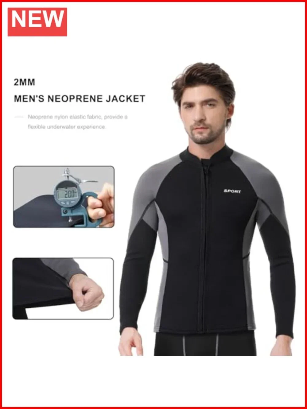 Neoprene Wetsuit Top Long Sleeve Front Zip Swim Surfing Kayak Diving